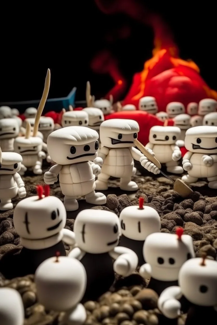 army of marshmallows living angry and armed in a fight with living tomatoes in space