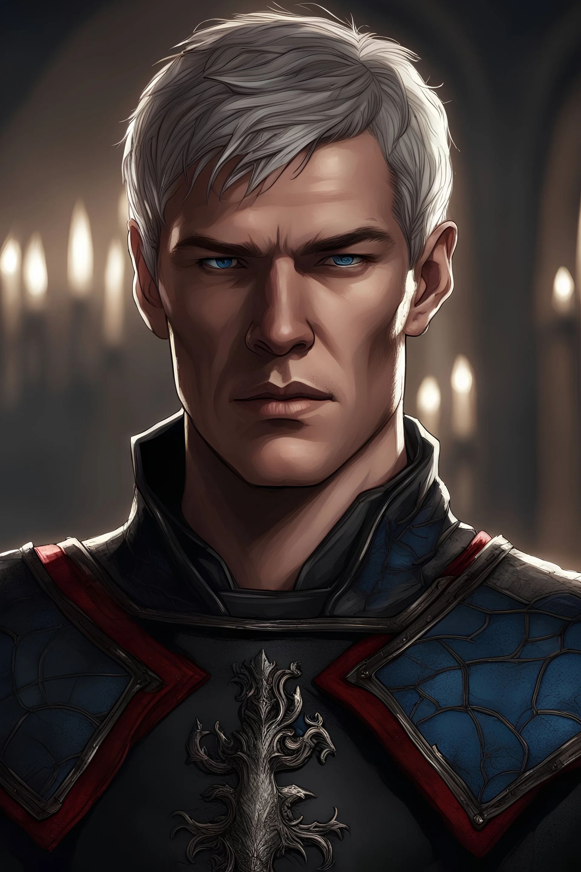 Adult man fusing Alan Ritchson and Jack Reacher's features, fair complexion, sporting short silver hair, dressed in black and red medieval attire, intense blue eyes, dynamic portrait, graphic novel style, digital art, dramatic lighting, high detailed, House of the Dragon, Game of Thrones