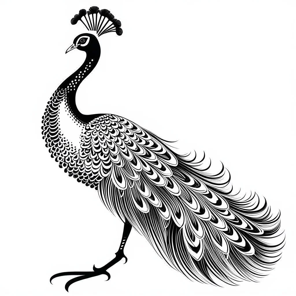 white, A peacock in flight, vector, white background, outline, with images neatly contained within the background, just black and white color, full body, no color. Front view.