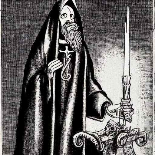 Nosferatu vampire with a beard of tentacles and vampire fangs as a Russian Orthodox bishop with four arms