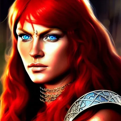 ultra detailed fullbody portrait of Red Sonja , extremely detailed digital painting, intrincate, extremely detailed face,crystal clear Big eyes, in the style of Ashley Wood, mystical colors , perfectly centered image, perfect composition, rim light, beautiful lighting,8k, stunning scene, raytracing