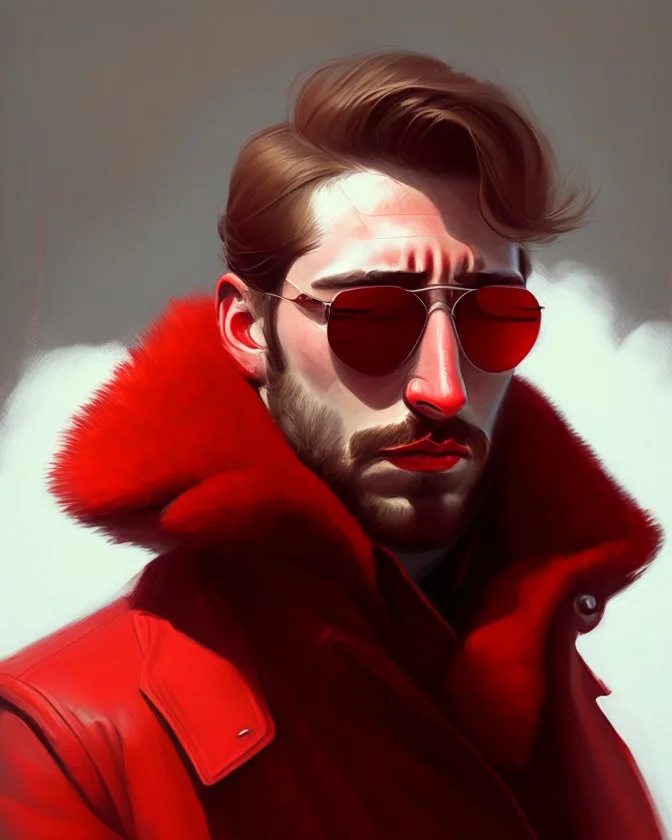 a young man who looks like hans gruber wearing a heavy coat and red sunglasses staring with an irritated look on his face