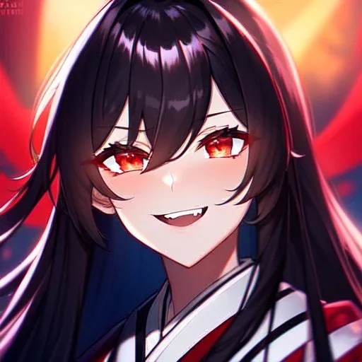 Clear focus, 8k, beautiful lighting, vibrant colors, girl, black long hair, vibrant red eyes, hair in between the eyes, laughing, angry, up close, kimono