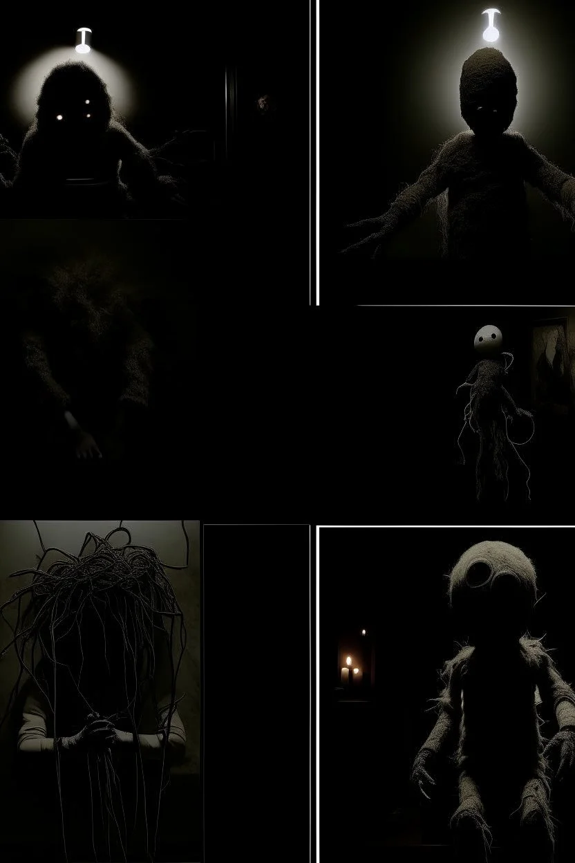 arcane montage, minimalism, found footage with an unsettling dread. The grainy image reflects dull colors exacerbating an atmospheric gloom. unusual juxtapositions - a fantastical segmented arm evolving into an anthropomorphic husk doll across several panels, extreme contrast