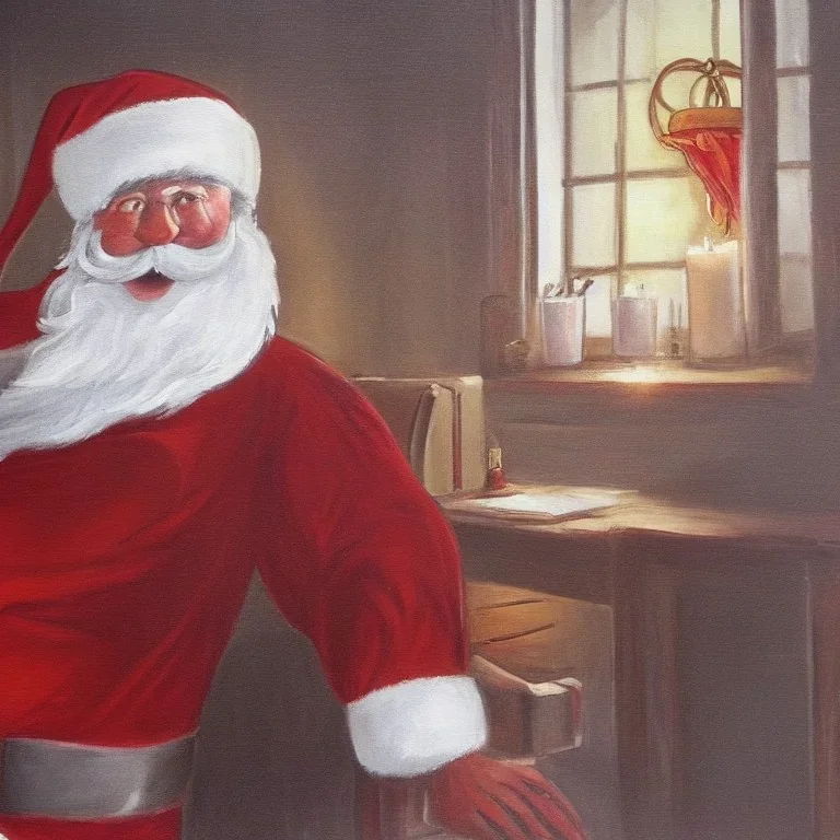 a painting of santa claus sitting next to a window during winter time with a candle lighten up on his desk