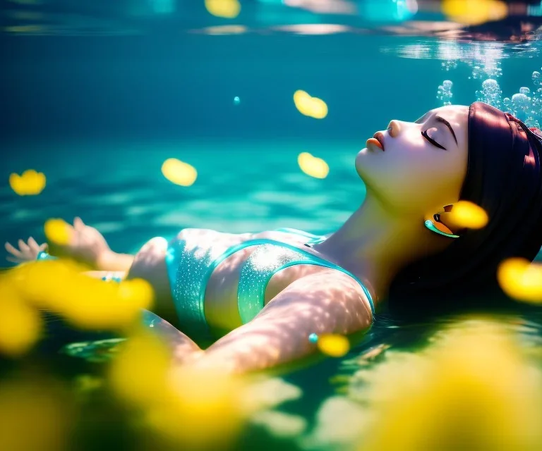 Anime girl underwater with yellow flowers for hair, closed eyes, rtx, reflection, 8k, glow, winning photography, caustics