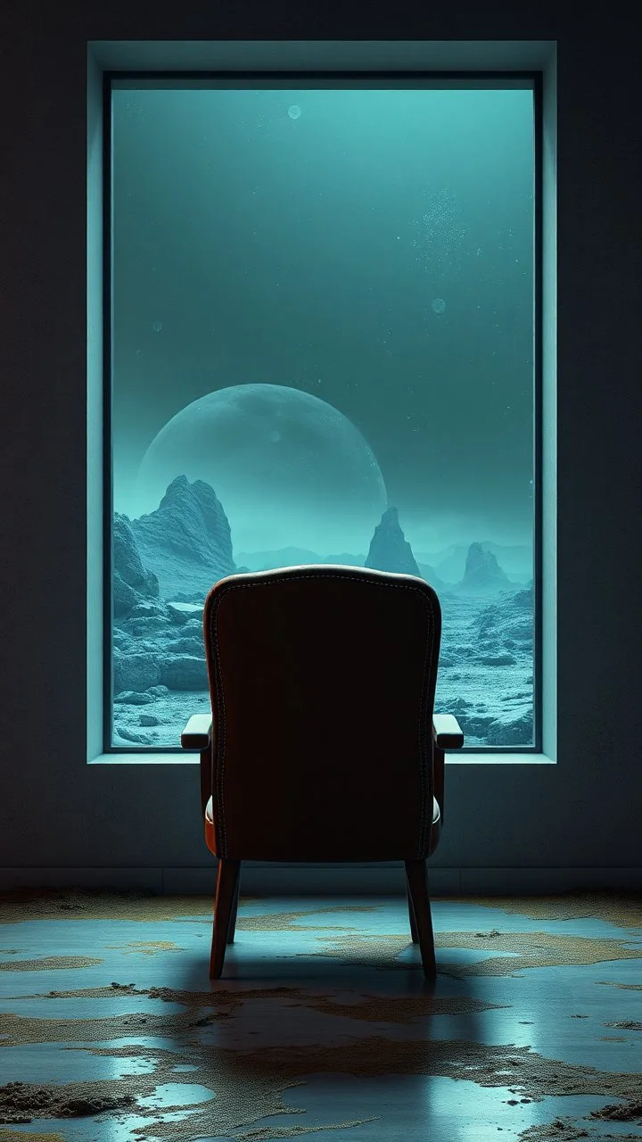A chair rear view facing a wall with with big window with glass behind it a landscape covered in sulfur and sludge that looks futuristic with futuristic lighting, realistic rendering
