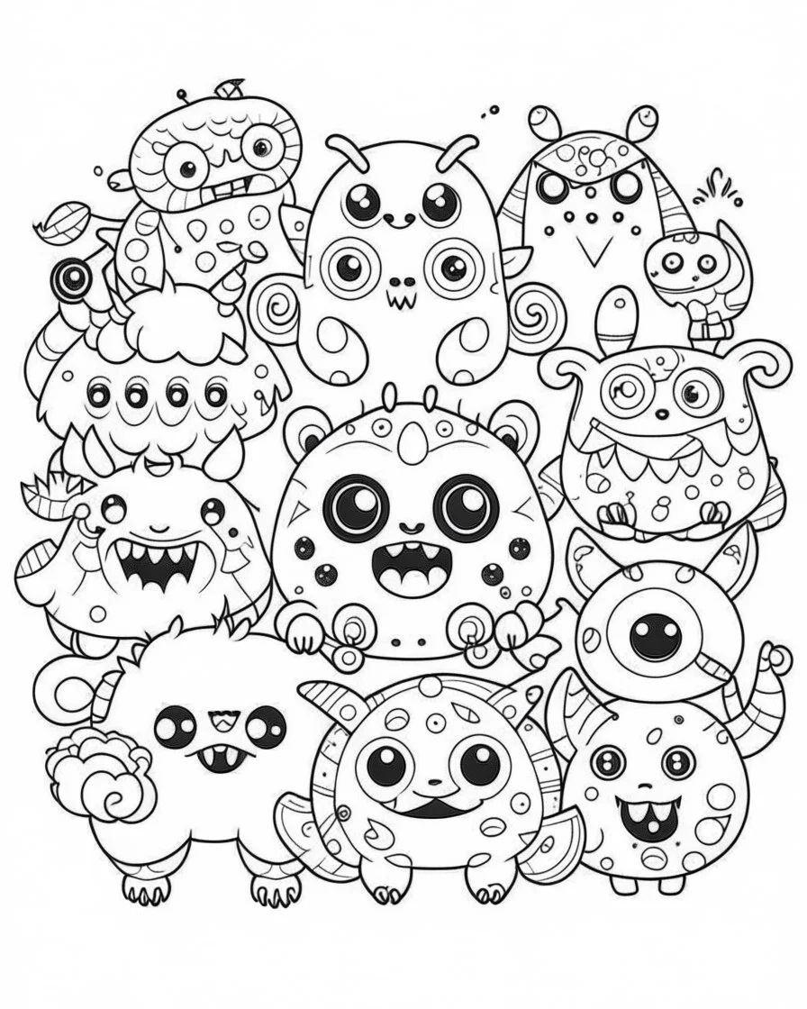 Outline art for cute monster , halloween kawaii background, cartoon style, high quality, details