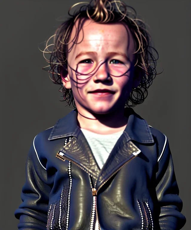 Heath ledger toddler, full body, sneaker, leather jacket, floral shirt, soft skin, dramatic lighting, hyper realistic