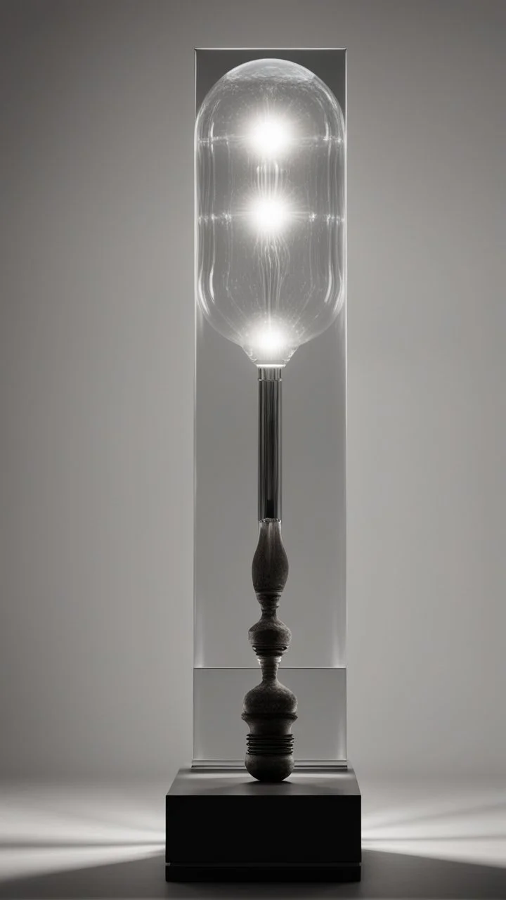 portrait of a square pillar with a bulb in the foot, and mirrors reflecting light up into a square crystal head