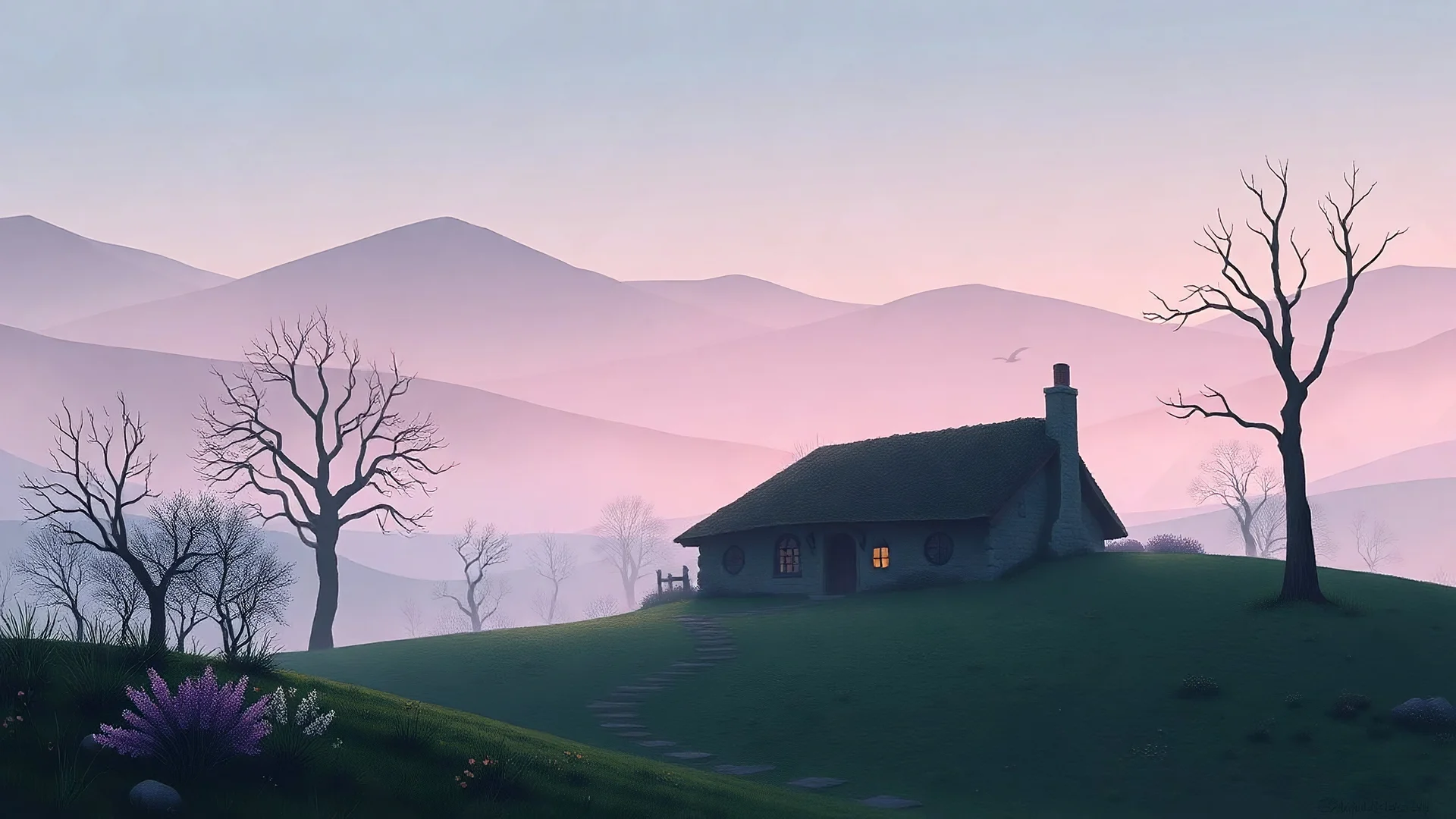 ultra-minimalistic ambient scene of a hobbit under-hill house in Shire, Lord of the ringsearly spring, march, fog, hills :: minimal art, 2d game art, storybook illustration, vector graphics , a vector illustration