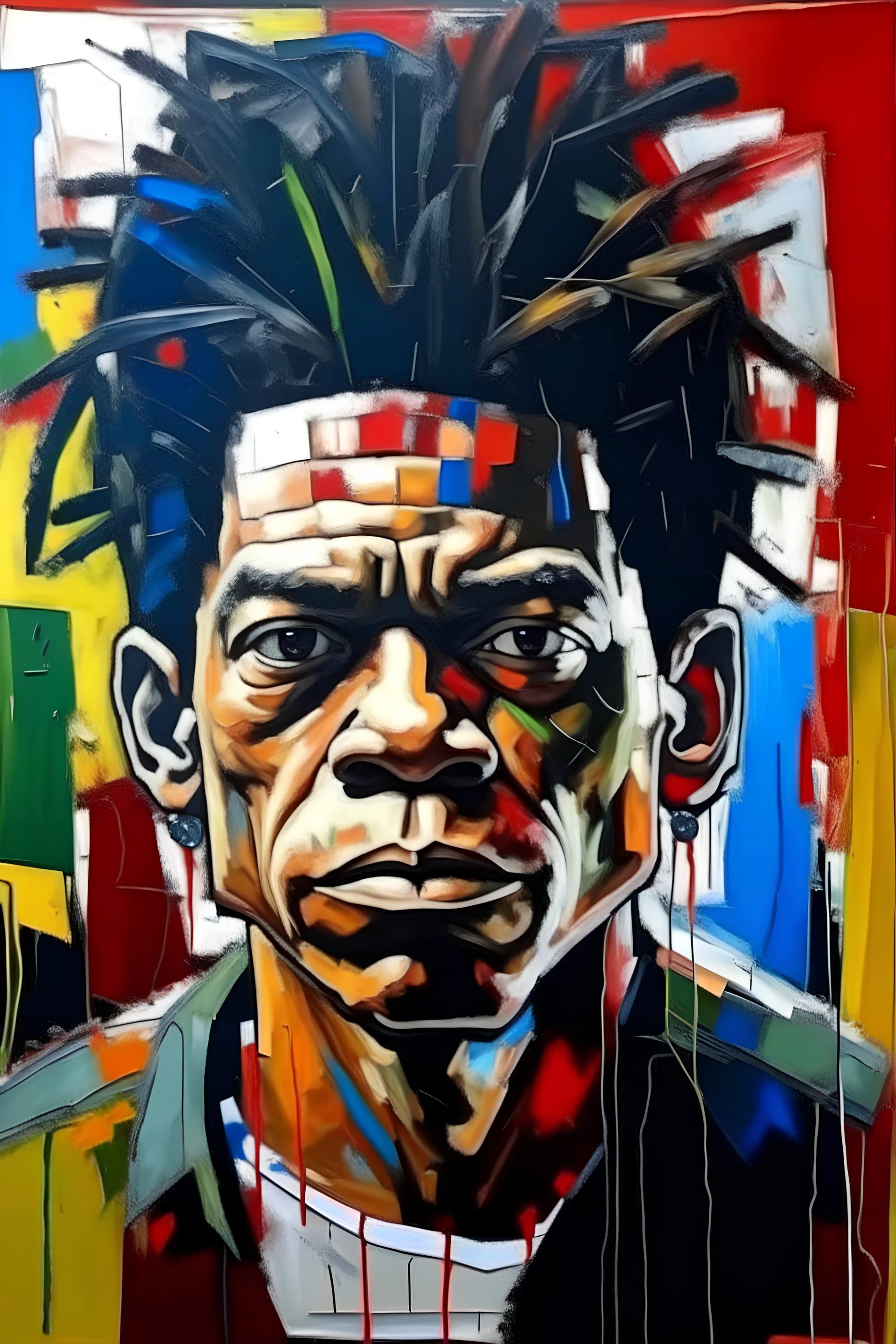 stunning realistic portrait of jean - michel basquiat - Abstract oil painting with acrylic paint on top with palette knife- oil paint impasto reliefs