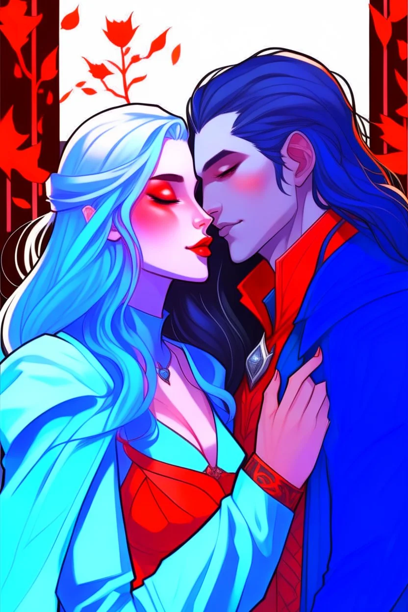 A couple from the dnd game curse of Strahd. The woman has long white hair and blue eyes, the man has LONG BLACK hair and red eyes, no facial hair. KISSING