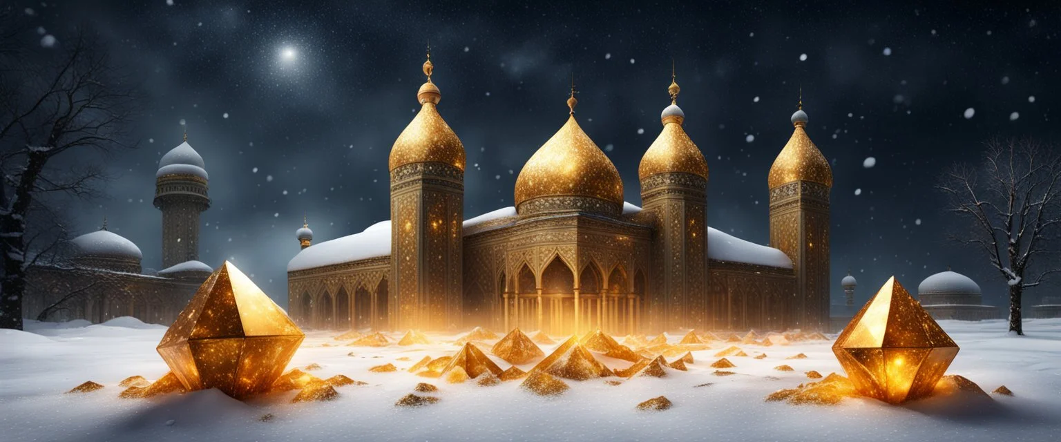 Hyper Realistic Big golden Crystals on snow outside a big Dark Abandoned Mosque with beautifully crafted Marinates at dark heavy snowfall night