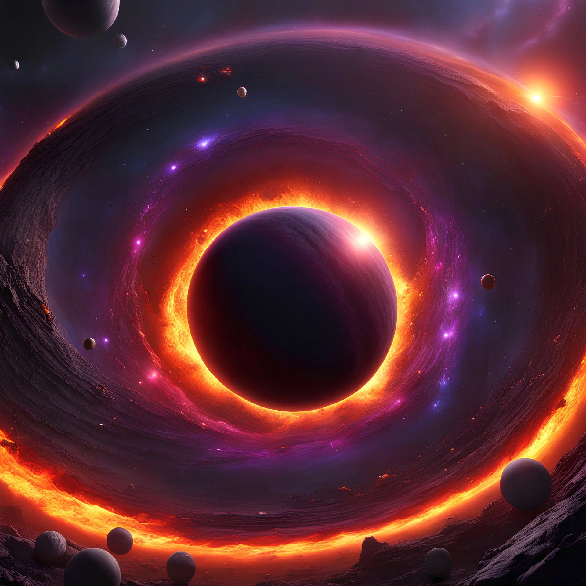 A solar system tightly orbiting a black hole, destruction, terror, ripping apart, colorful, dark, ominous, beautiful abyss, vivid, 8k 3d, vray, highly detailed matte painting, action, concept art, phoptorealistic, dozens of brightly lit rings of destroyed orbiting bodies, perfect circles purples, reds, black, yellow and orange, brilliant, vivid,