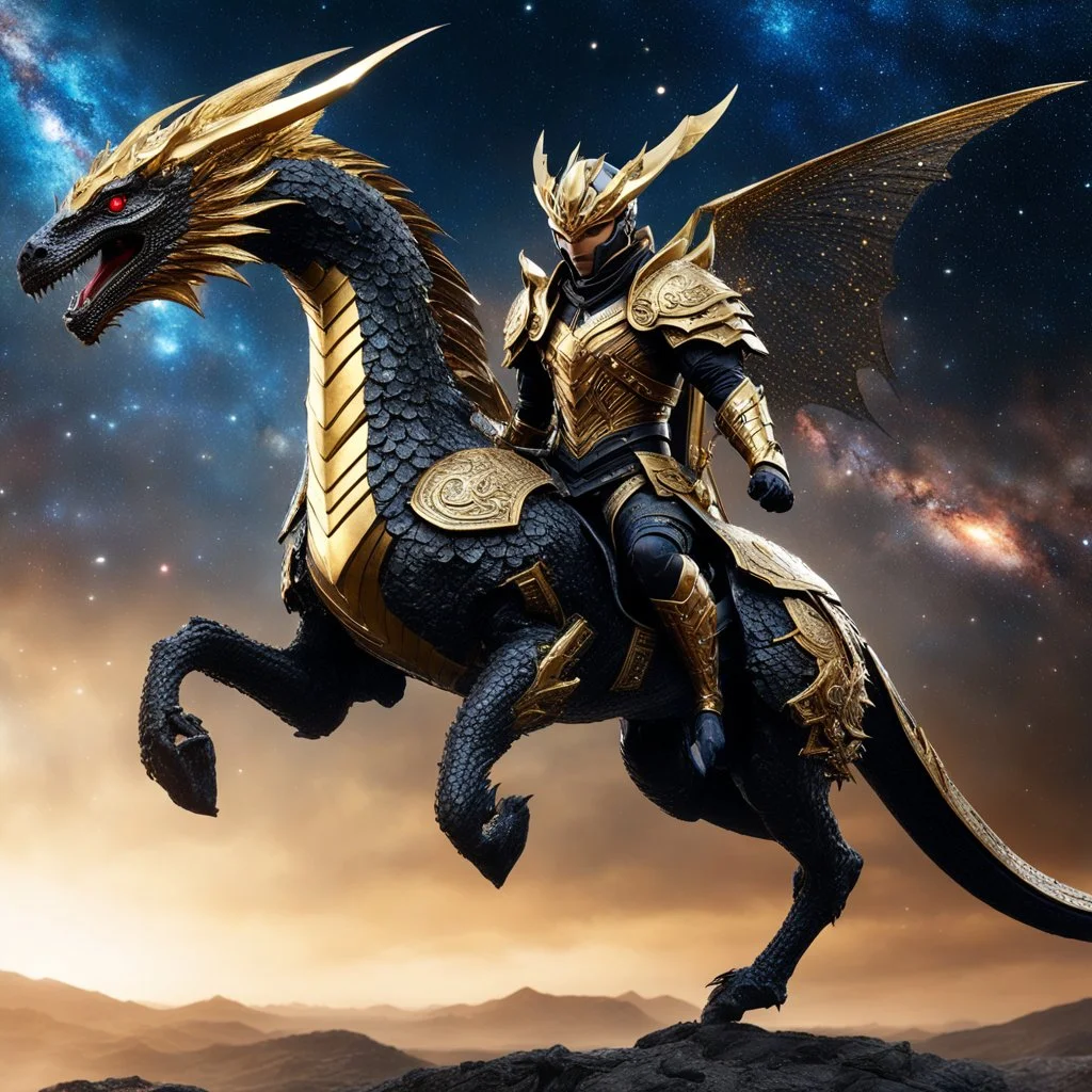 Full body photography of King Cyborg army, riding a flying dragon in the sky, using luxurious battle armor design, made of black and gold metal plates, metal crafts with radiant diamond luster, on the outer surface luxury decoration of very small diamond stones, red diamond stones, Milky Way galaxy background