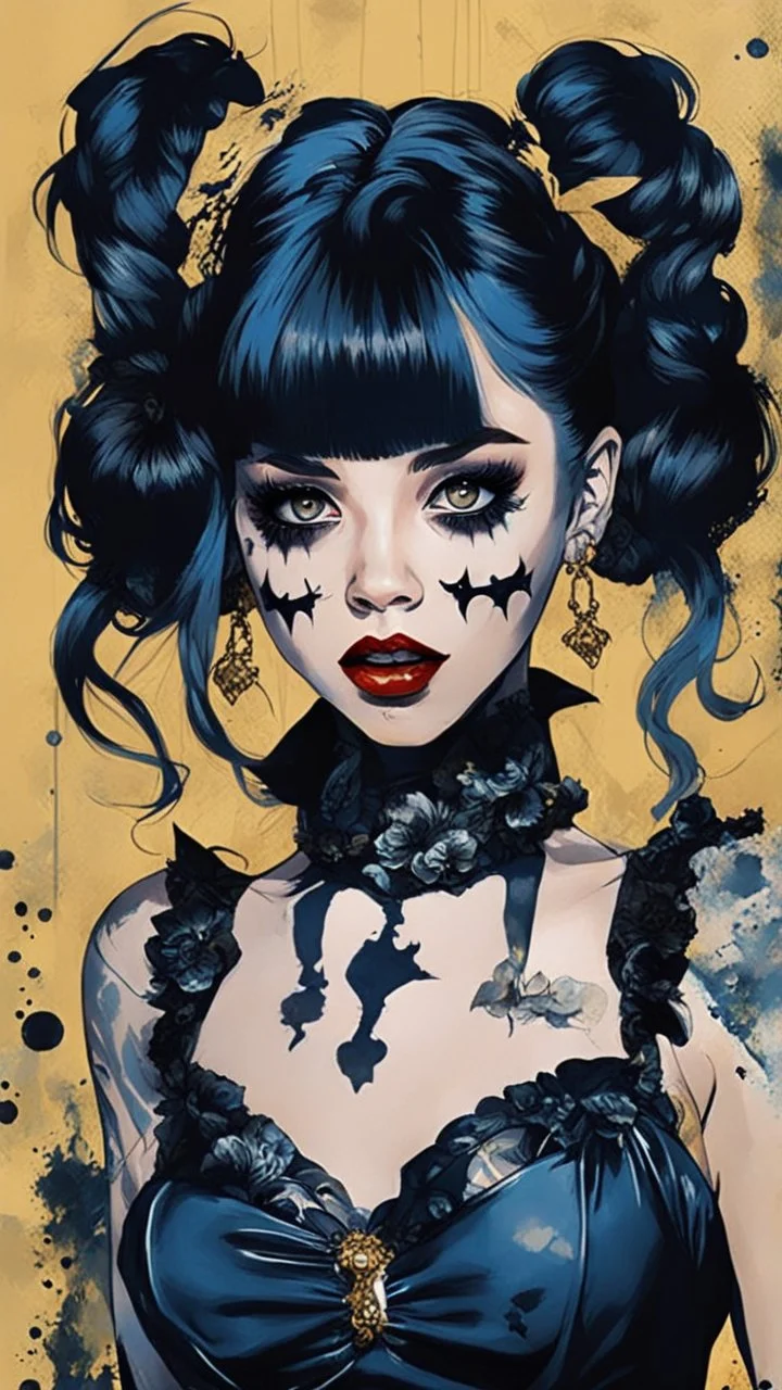 Poster in two gradually, a one side malevolent goth vampire girl face and other side the Singer Melanie Martinez face, full body, painting by Yoji Shinkawa, darkblue and gold tones,