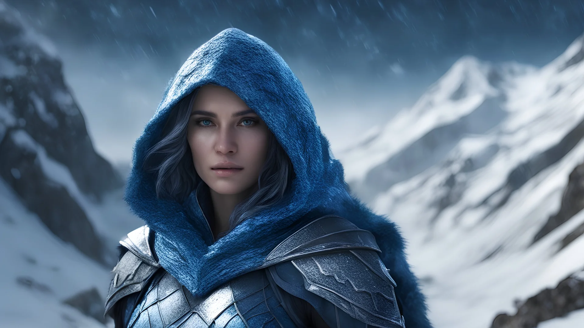 Photoreal blue gorgeous hooded blue scaled triton ranger woman with blue scaled blue skin and hair and fur-lined armor in an ice covered mountain landscape snowing at night by lee jeffries, otherworldly creature, in the style of fantasy movies, photorealistic, bokeh masterpiece smooth shading, ultra detailed, high resolution, cinematic, unreal 6, subtle shadows, octane render, 8k, cinema 4d, HDR, dust effect, vivid colors