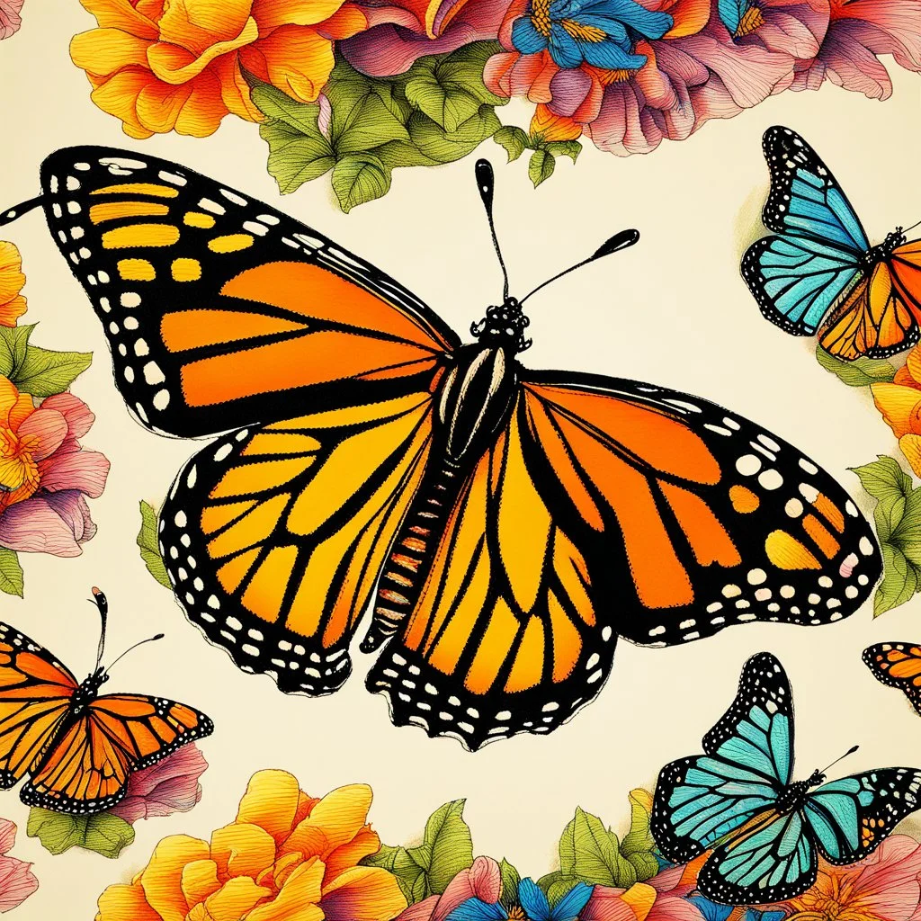 Hermoso dibujo coloreado de mariposa monarca, obra de arte, calidad ultra, maximalista, 12k