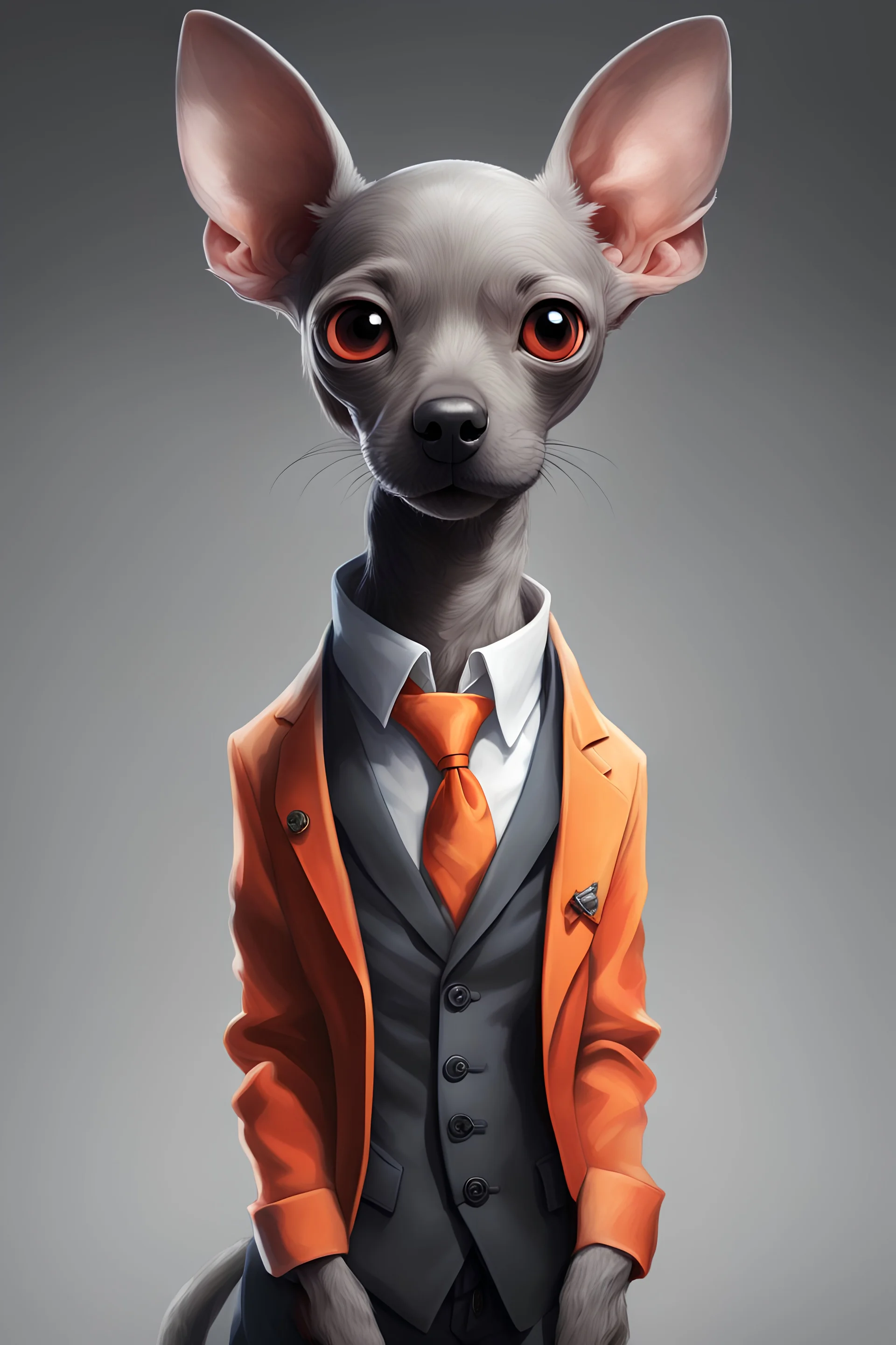 create an image of a hairless xoloitzcuintle puppy, wearing gray and orange suit, with a little bird of all colors perched on its back, black filter, ultra detailed and visually rich concept art illustration of cute complex creatures of living molecules of persona 5, bright and enchanting, illuminated fantasy kingdom, (((rule of thirds))) depth of field intricate details, fantastic kingdom, extremely detailed, ultra-sharp focus, light particles, attention to detail, grandeur and aw