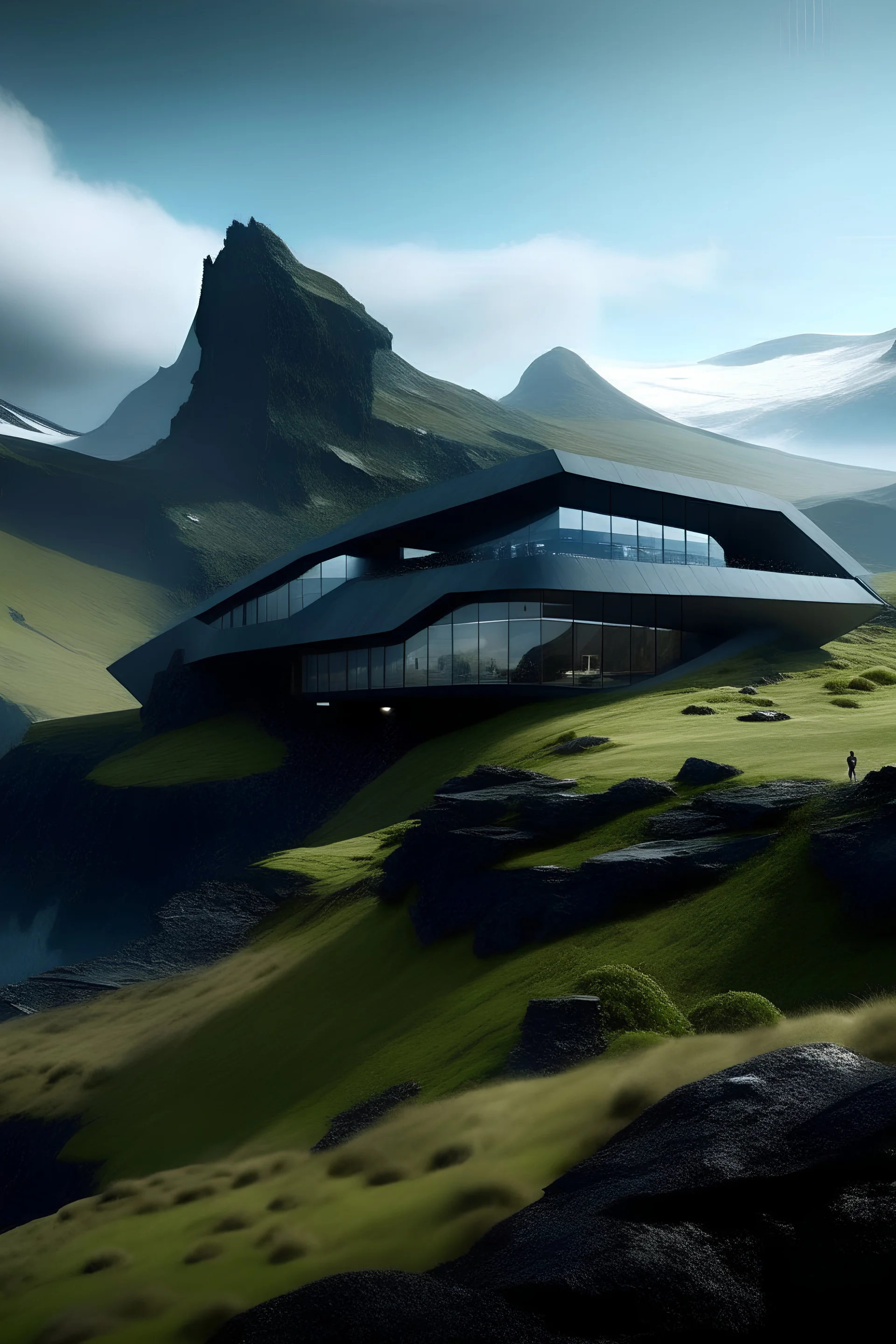 a futuristic big mansion on top of a giant mountain in iceland called esjan