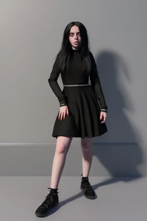 Billie Eilish, sitting on a chair, Black Short Dress, high detail, realistic