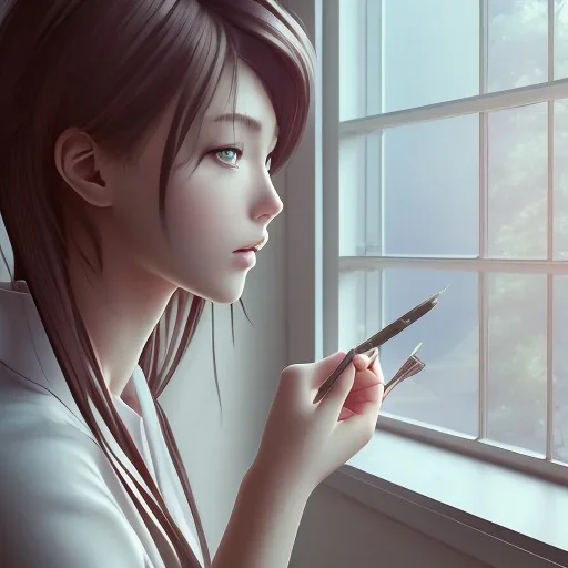 Anime, female student studying by the window, anime style,perfect face, cool face, ultra detail, unreal engine 5, cinema4d, sun light, studio lighting --ar 1:1 --v 4