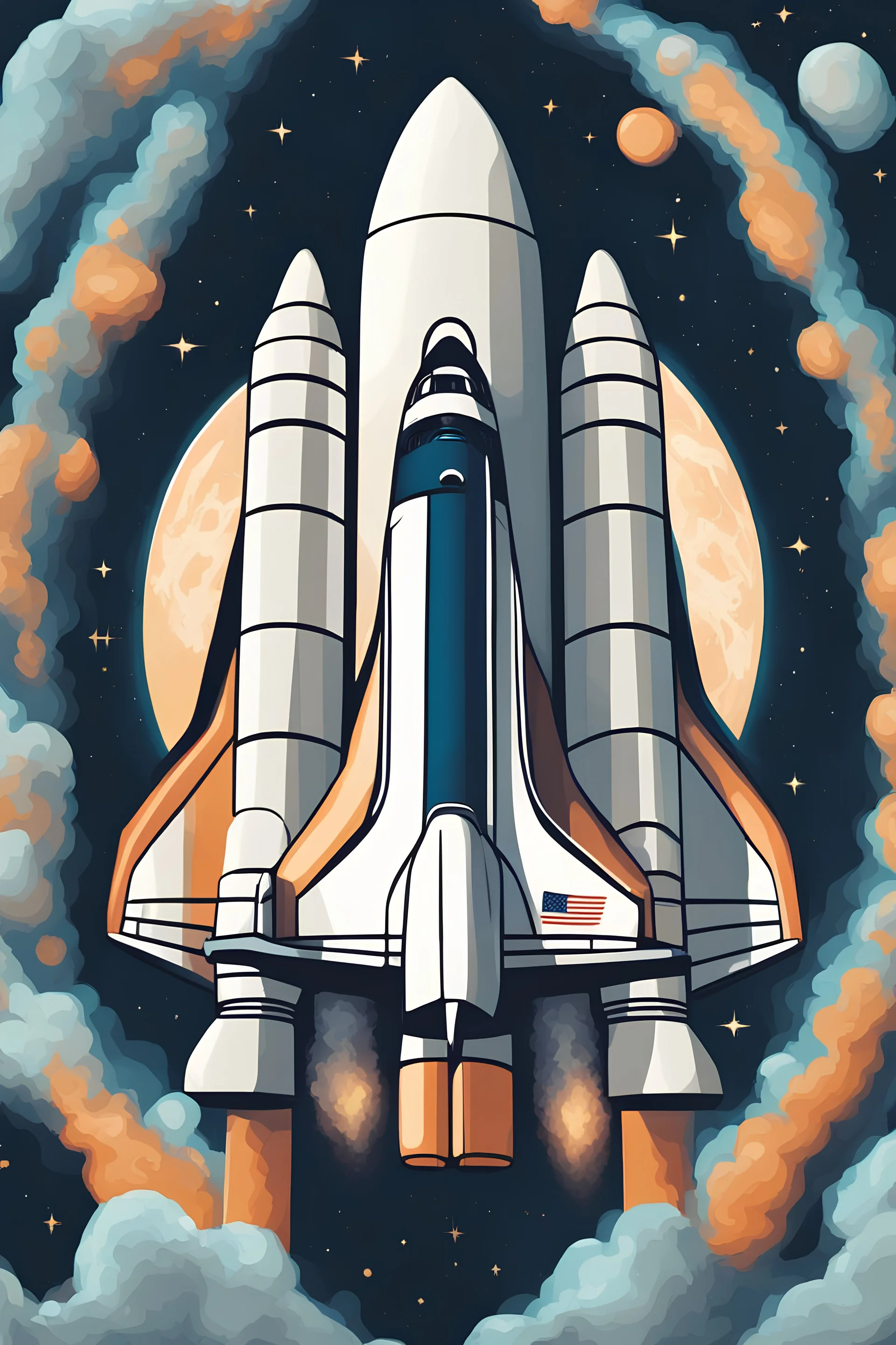 create an image of a space shuttle in space ; realistic style; full bright color ; sharp , clean lines