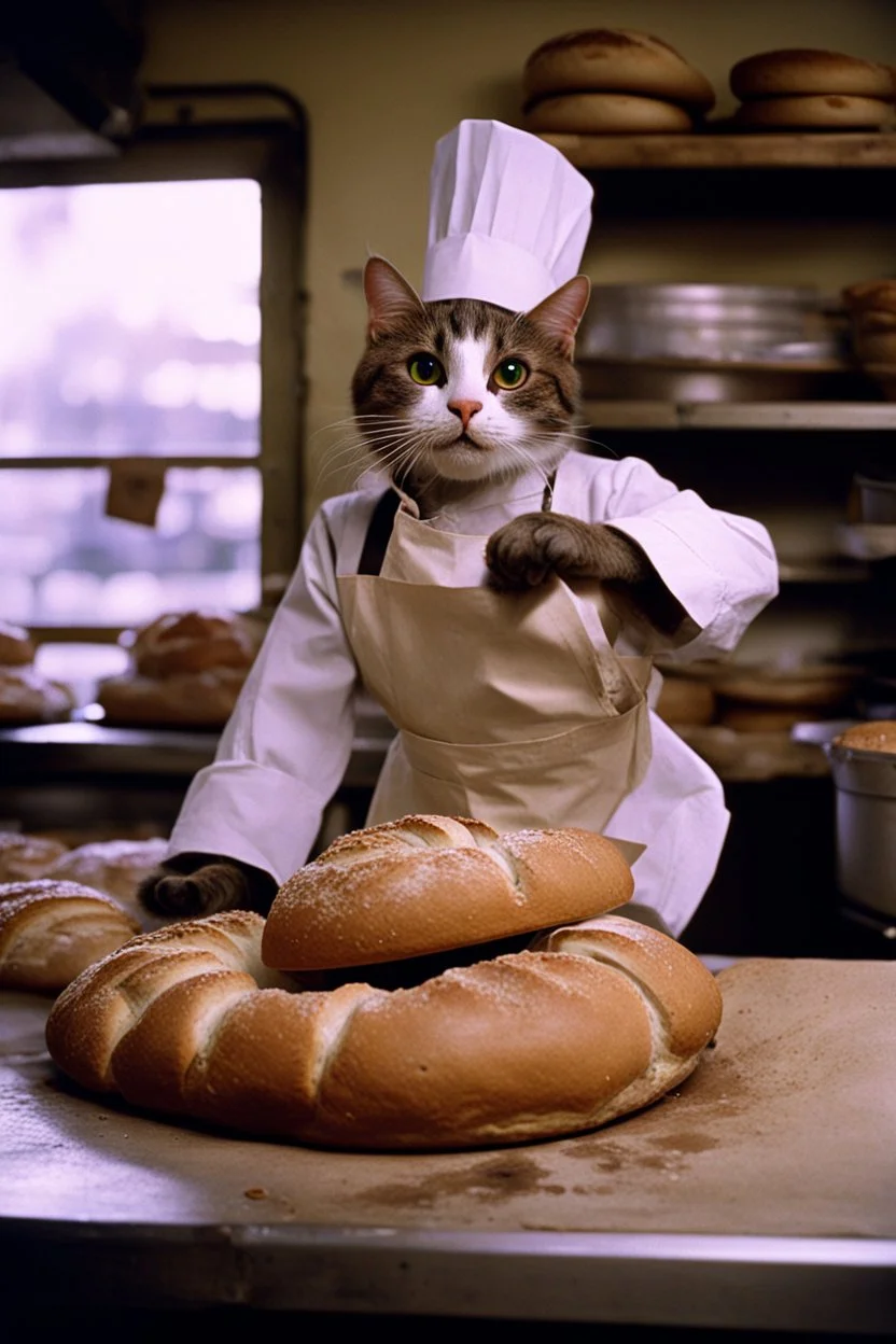 Portrait photo of an anthropomorphic baker cat at a bakery baking rustical bread, Fuji Velvia 50 film 4 HD