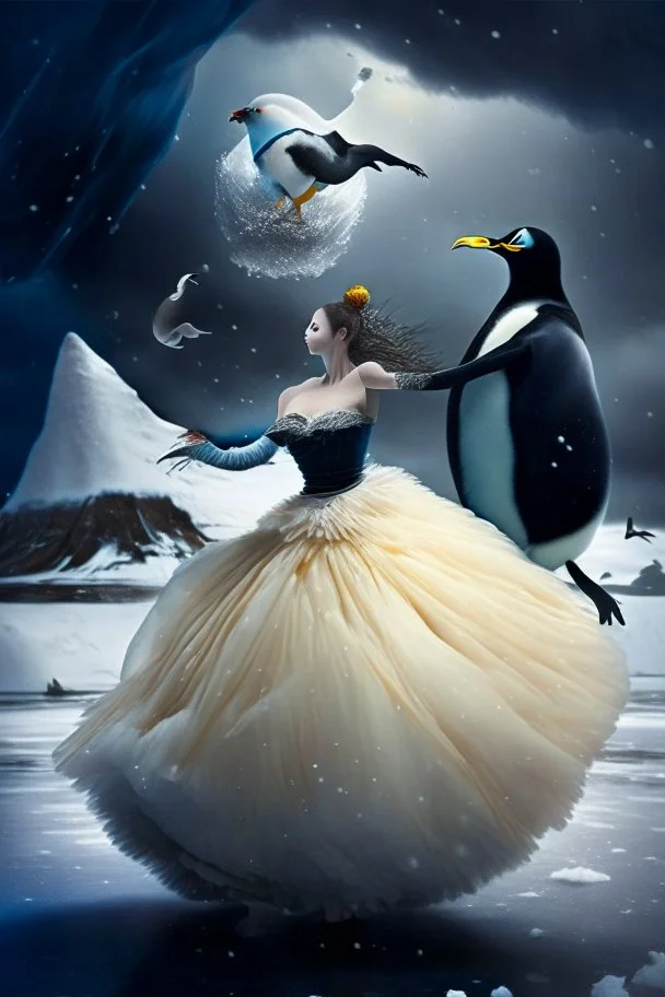 A human princess in a ball gown, dancing with a penguin, while in Antarctica while it storms in the background