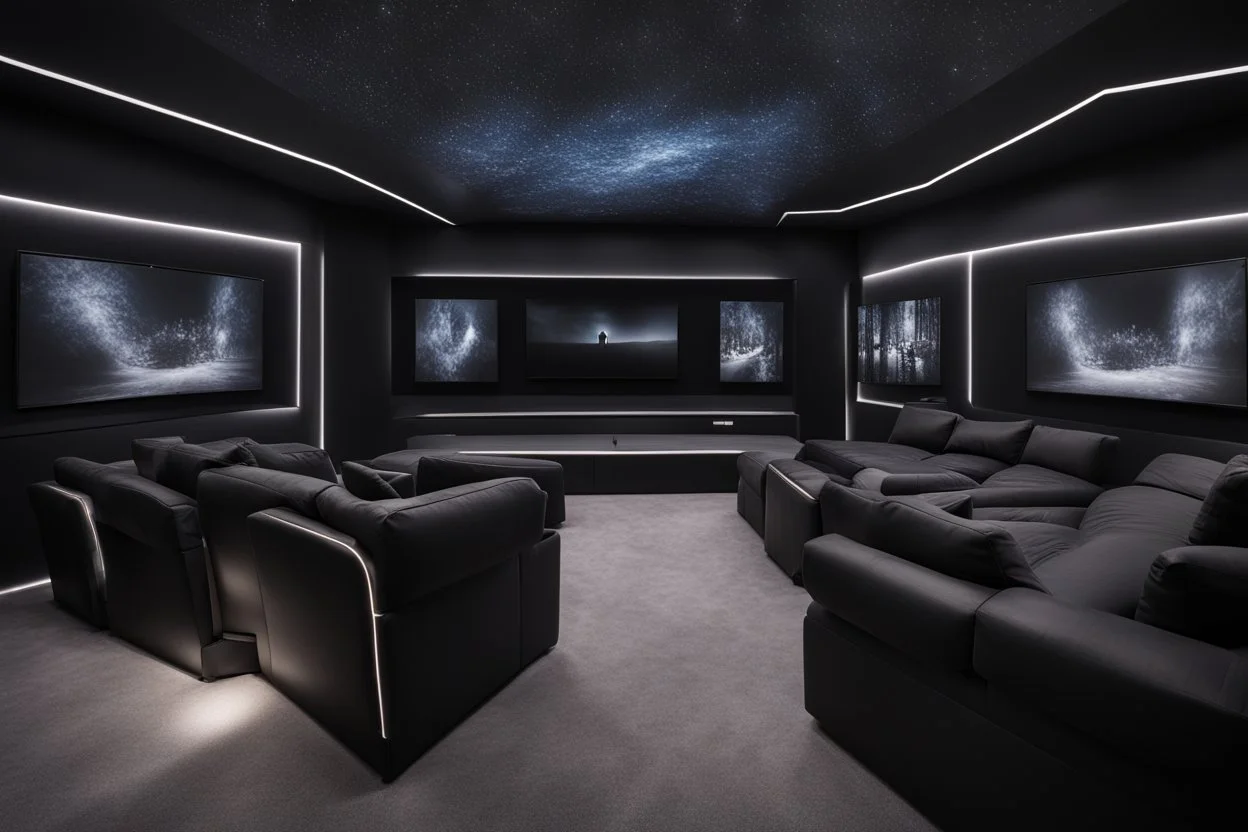 a black themed dedicated home cinema room with LED ambient lighting in the walls make sure the room is completely symmetrical