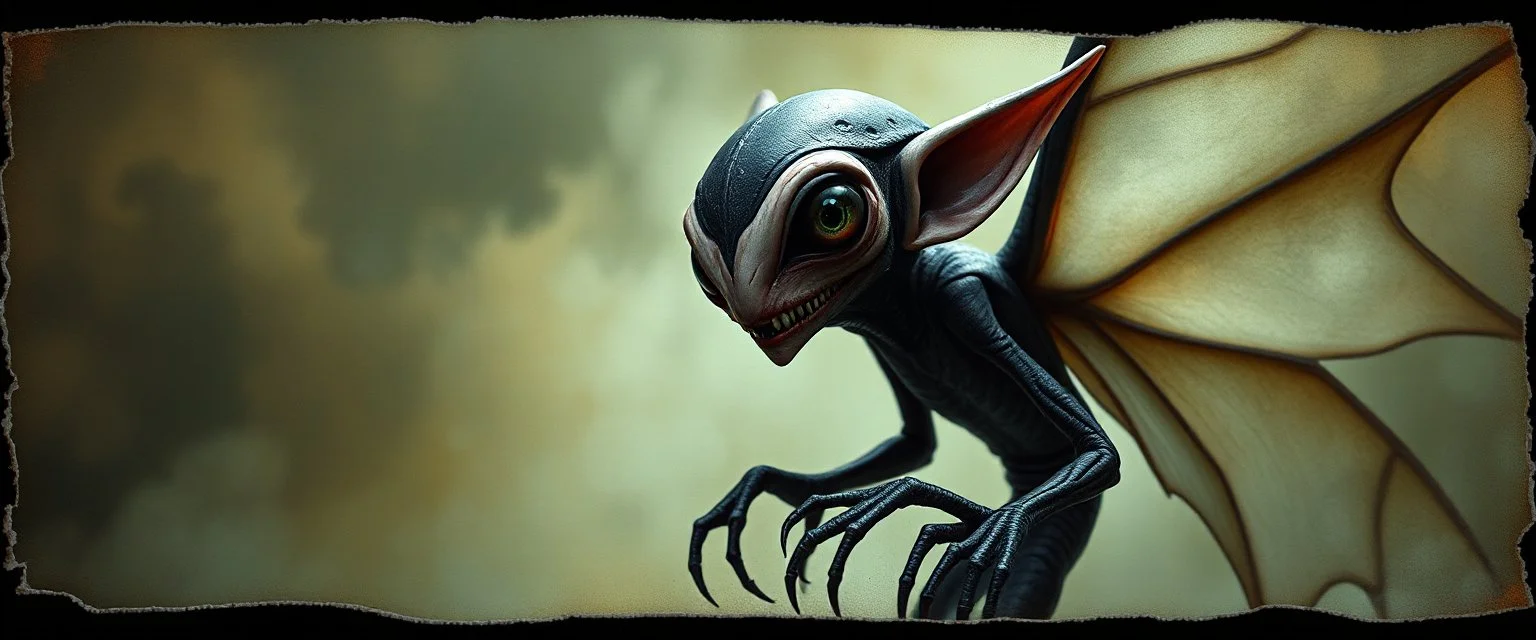 3d airbrush render, magpie elf vampire alien dodo , pinhole cam, airbrush 3d rendering, in the style of Titian and Dali , torn edges on border