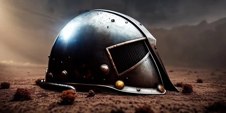 apocalypse, chaotic, magnificent, realistic, colorful, massive, epic, ray tracing, cinematic, 8k, HD, Ultra High Definition, photo film, film grain, hyper-detailed, old rusty Hyper detailed Medieval Knight helmet on ground