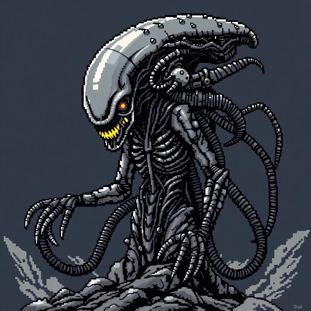 8 bit pixelart a Biomorphic Biomechanical Alien Queen by Giger