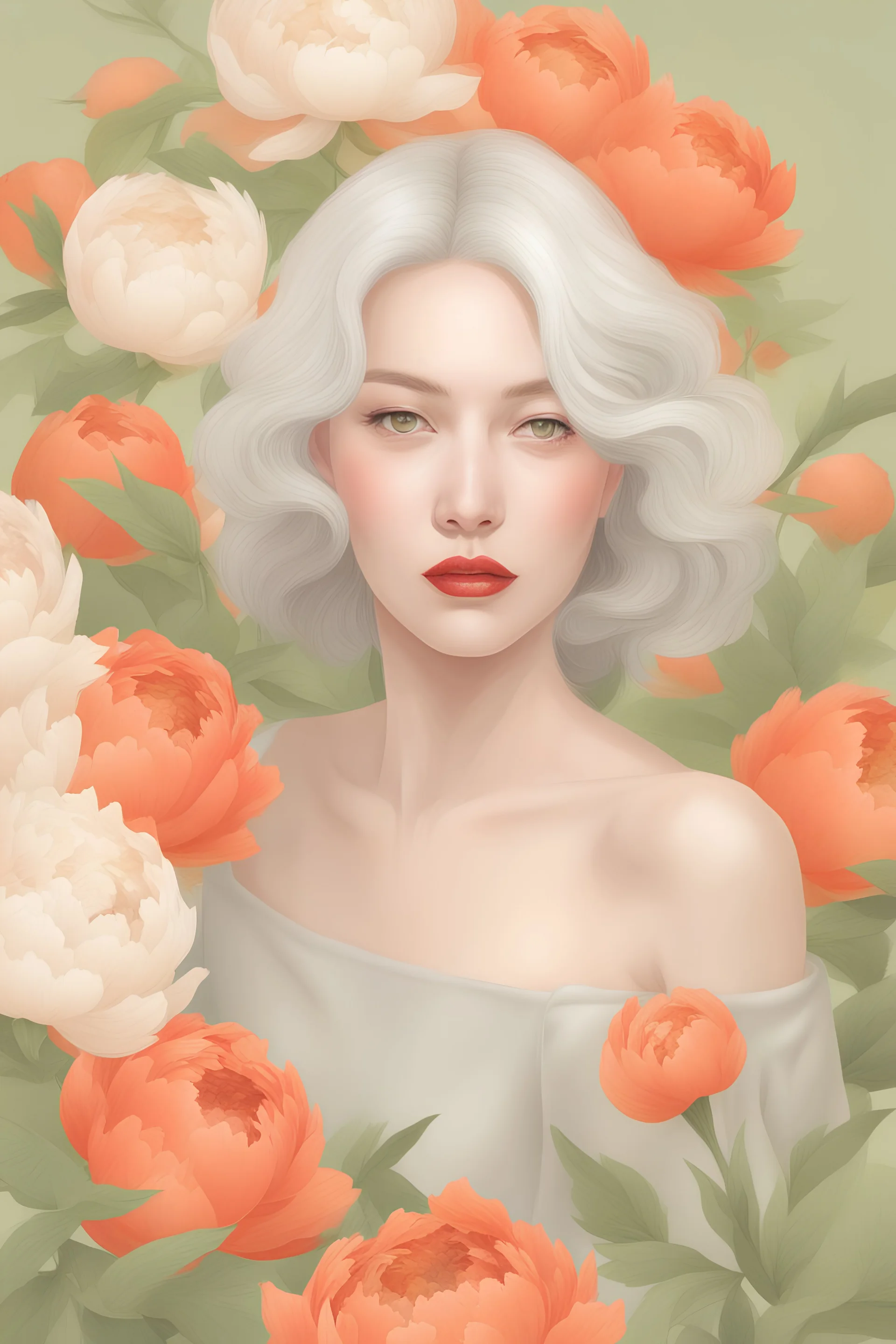 hermosa mujer de 40 años de edad,, sexy , cabello gris, labios rojos, ojos verdes, fondo de peonias gigantes y vegetacion verde seco y naranja by Hsiao-Ron Cheng