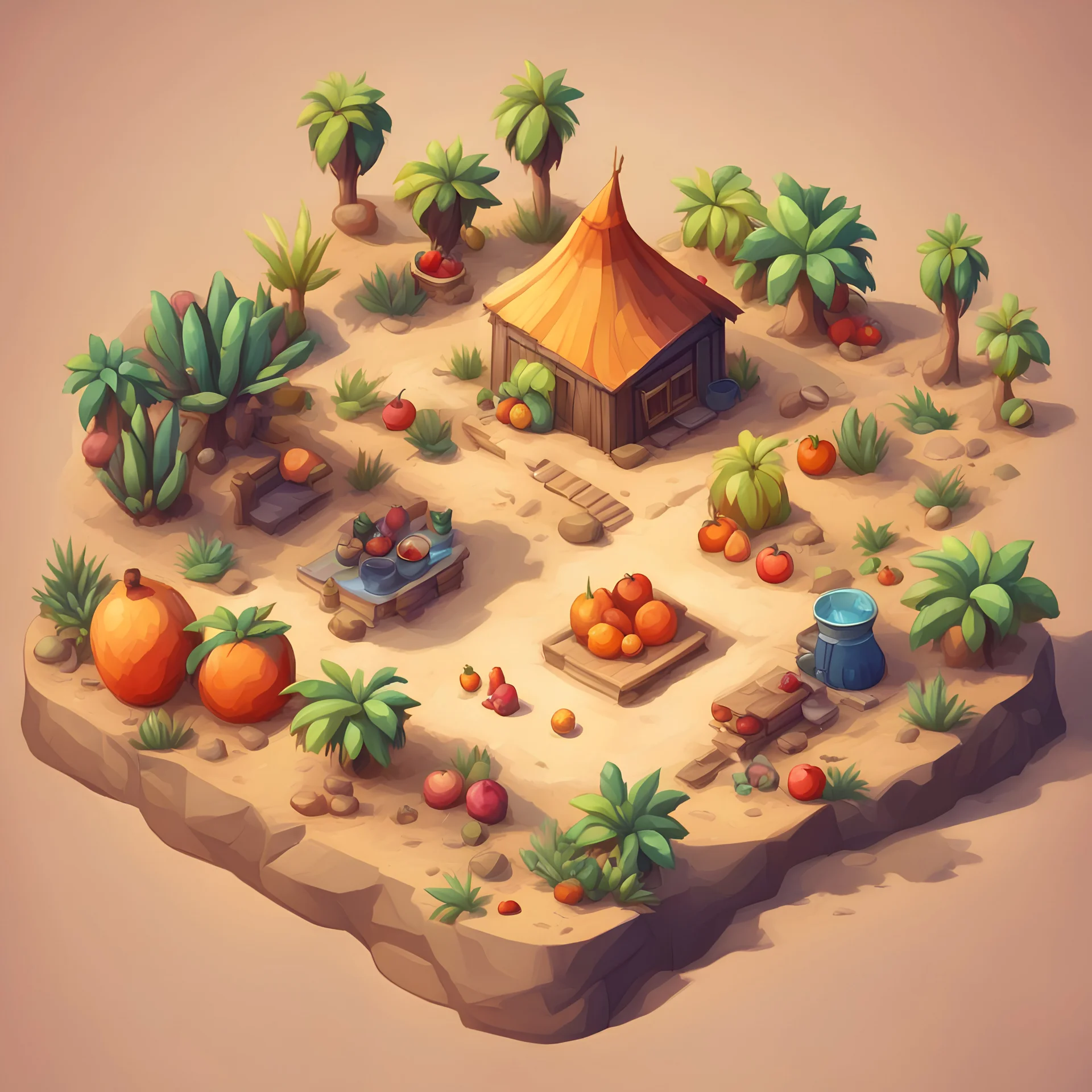 create a fruits into cartoonist hut style model isometric top view for mobile game bright colors render game style desert style