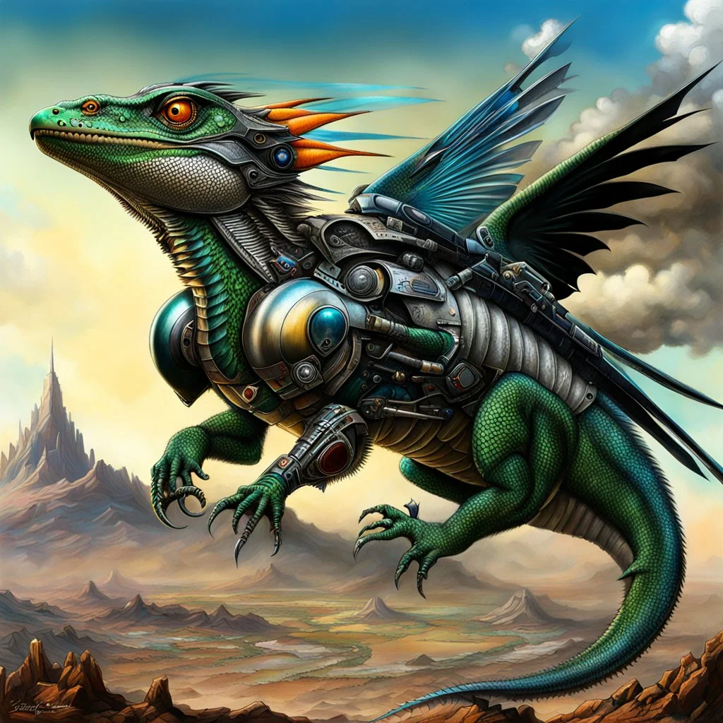 Lucky Stryker, Jet eagle lizard hybrid, biomechanical surrealism,