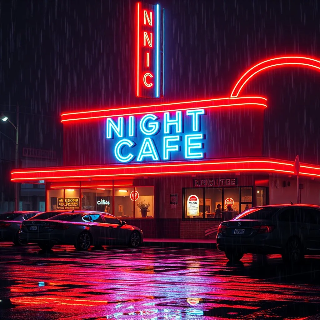 captivating high-resolution image of glowing neon diner sign reading "NIGHT CAFE," vibrant UV-reactive neon colors on a rainy night. The bright red neon track lighting wraps around the roof, creating a mesmerizing glow. Bustling parking lot is full. puddles reflecting the dazzling neon lights. HD, mind-bending artistic photography. rendered in stunning 8k resolution, Unreal Engine 5