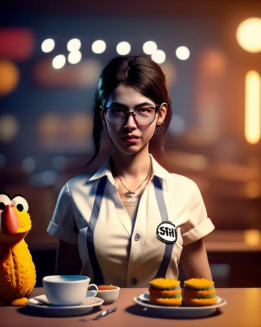 waitress woman with Sesame Street muppet big mask, concept art, retro style, smooth, unreal engine 5, god lights, ray tracing, RTX, lumen lighting, ultra detail, volumetric lighting, 3d.