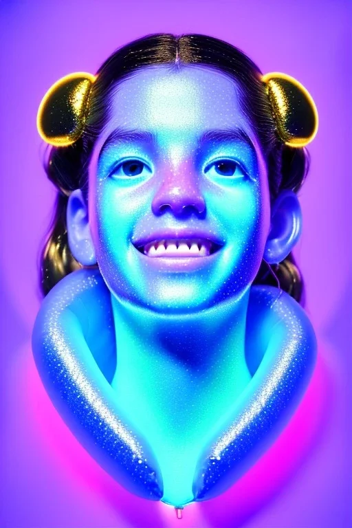 Rosalía artist, Ultra Realistic image, waist up portrait, perfect gold teeth, black eye line, sweet smile face, pigtails hair, spray line make up, geometric, gold, big rings piercing, led ornament, bubble latex coat, inflatable, cold, led lights, geometric, neon, pink, blue, gold, vibrant color, highly detailed, art stations, concept art, smooth, unreal engine 5, god rays, ray tracing, RTX, lumen lighting, ultra detail, volumetric lighting, 3d, finely drawn, high definition, high resolution.