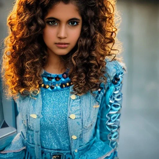 portrait of a teenager brown girl with curly brown long hair and blue eyes,retro style,8k quality,full body shot, masterpiece, best quality,sparkling eyes, fluorescent skin, colorful makeup, highly detailed body,sun light, 4K, RAW, depth of field, high contrast, realistic details, 24mm