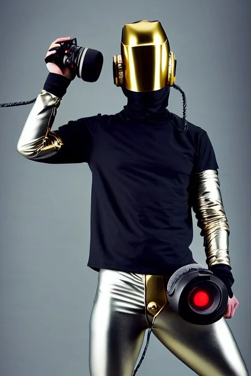 Metallic Cyber-punk style man with a camera-mask and old AKG-style headphones with golden. Large fencing mask covers man's cheeks. Man in good body shape. Reflective plastic body surface, golden skin, full-coverage. Body and Head full of integrated old-fashioned cameras and an old telephone. Silver to grey latex surfaces body. Perfect body. Equations, Euclidean 3D-tiling, Escher tiling. 1996. Cables in head. Daft Punk. Matrix leather jacket with a Hood.