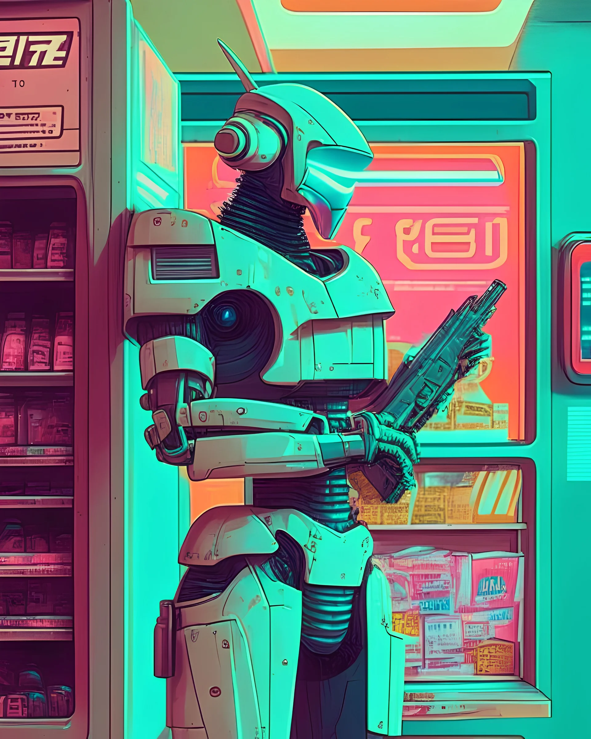 Robot with a old screen for a face with a gun, Vintage 90's anime style. stylish model posing in 7/11 convenience store., sci-fi. Colors, surreal.