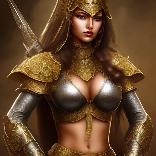 arab female warrior sexy cleavage dark eyes ornate metal armour silks