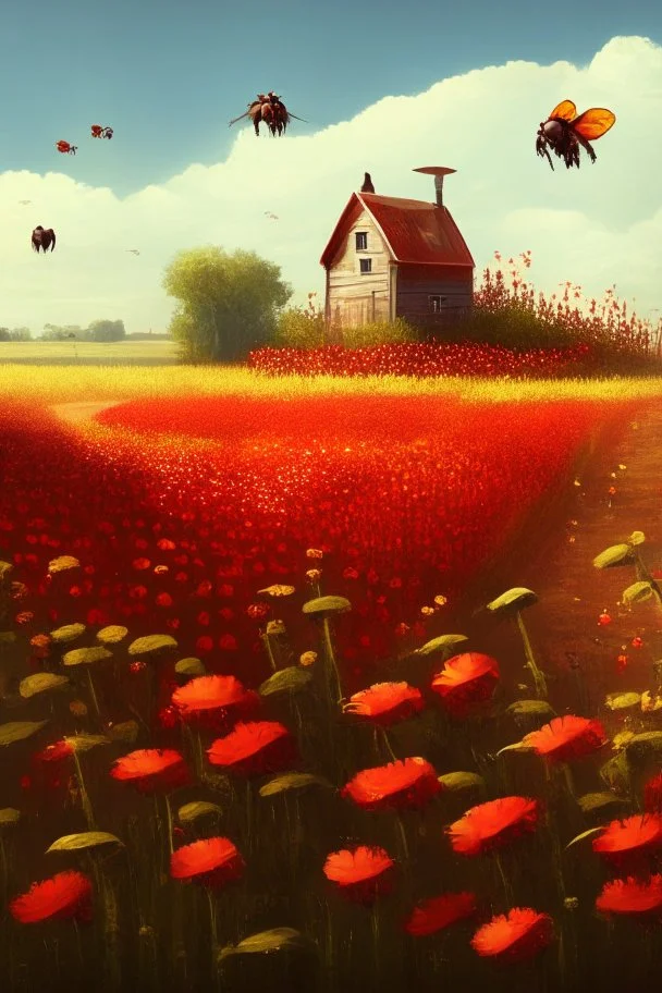 field, farm, scarecrow, plants, red flowers, grass, sky, bees, honey, bee houses, trees, fountain, flowers, brown board