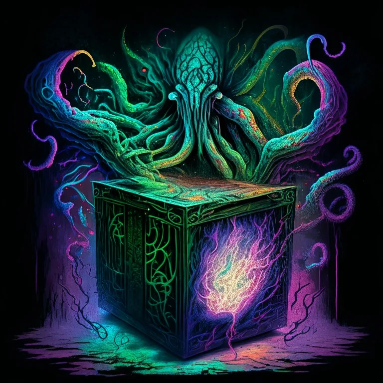 Lovecraftian horror, malignantly useless separating the spirit from the corporeal box, never-before-seen magic trick, violent colors,