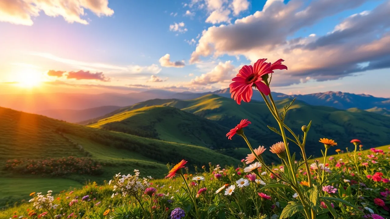 beautiful Green hills covered with flowers colorfull ,blue sky pretty clouds with godray at sunset ,very nice flowers at closeup ,wonderfull mountains at distance