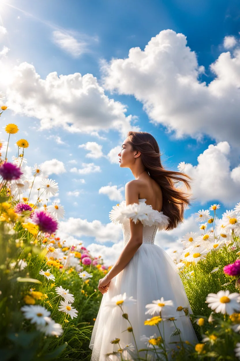 romantic environment heaven flowers clear nice clouds ,young girl gracefully whispering her lovely joy,full body shot.