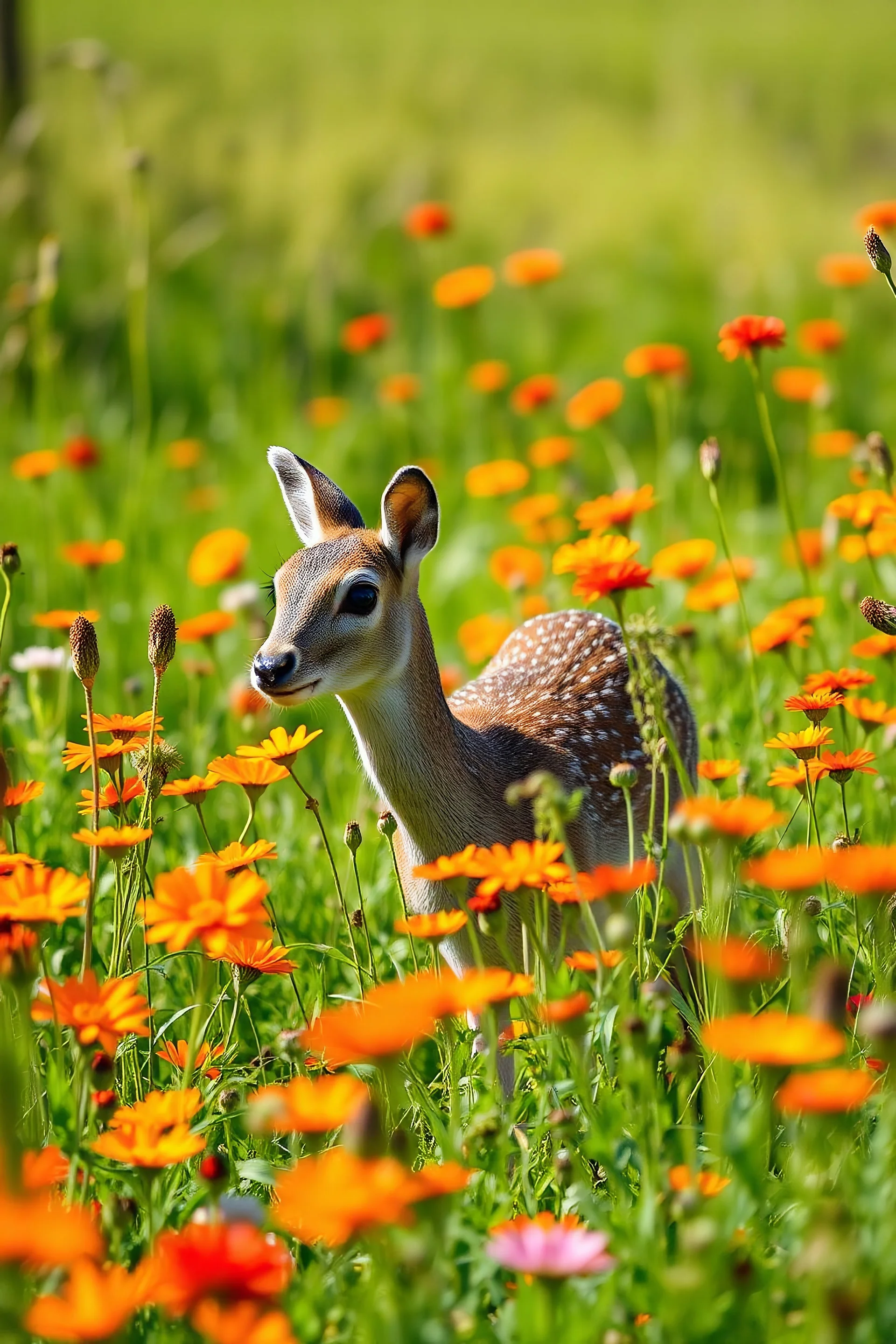 a medow with orange an red flowers i sunshine , in the middle a dear among the flower looking at the camera