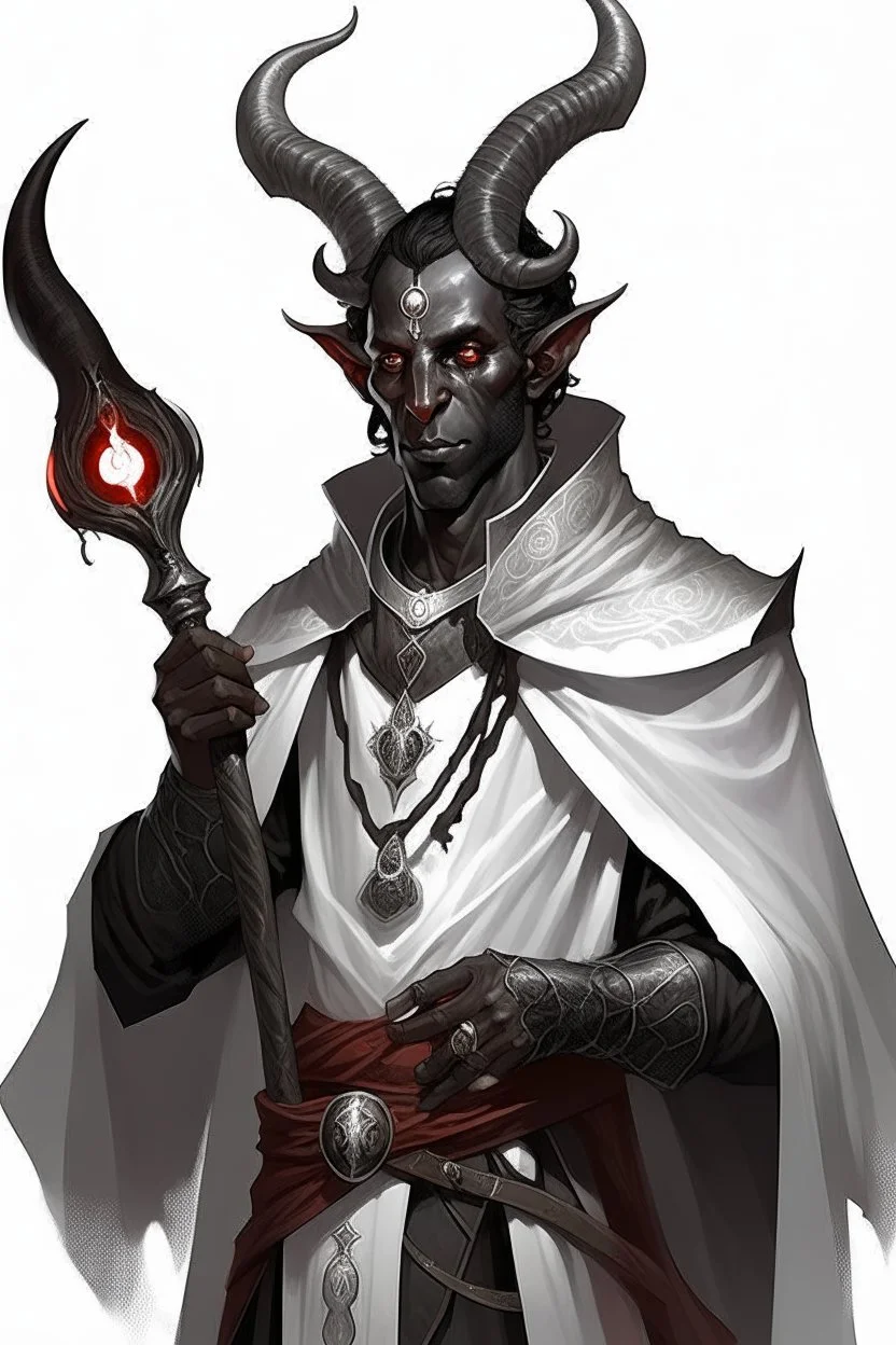 En Young male black skin black hair tiefling Wizard with large horns glowing Silver and White symbols Everywhere on his body. He's wearing silver and White Rope and a silver cloak. His horn a perfectly place on acet from the front to the back pointing upwards with glowing Red cat Eyes. His close is elegant get simple his horns Are Same size. En his other hand his casting A Spell